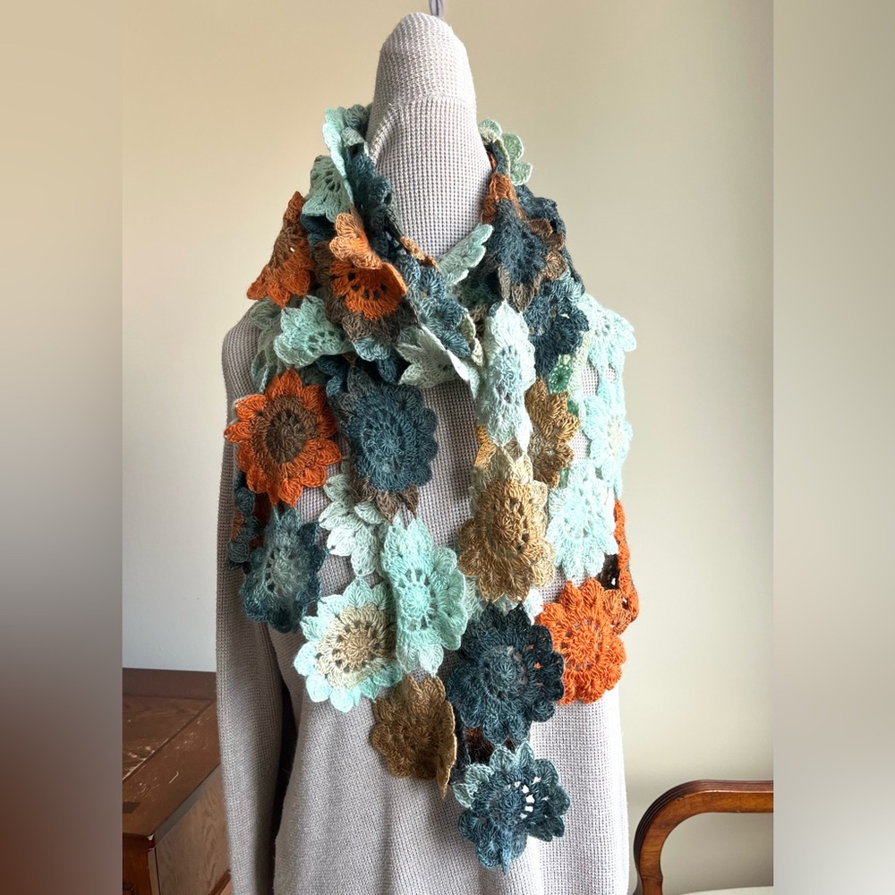 Handcrafted Floral Crochet Scarf Cottagecore Wrap, Boho shawl